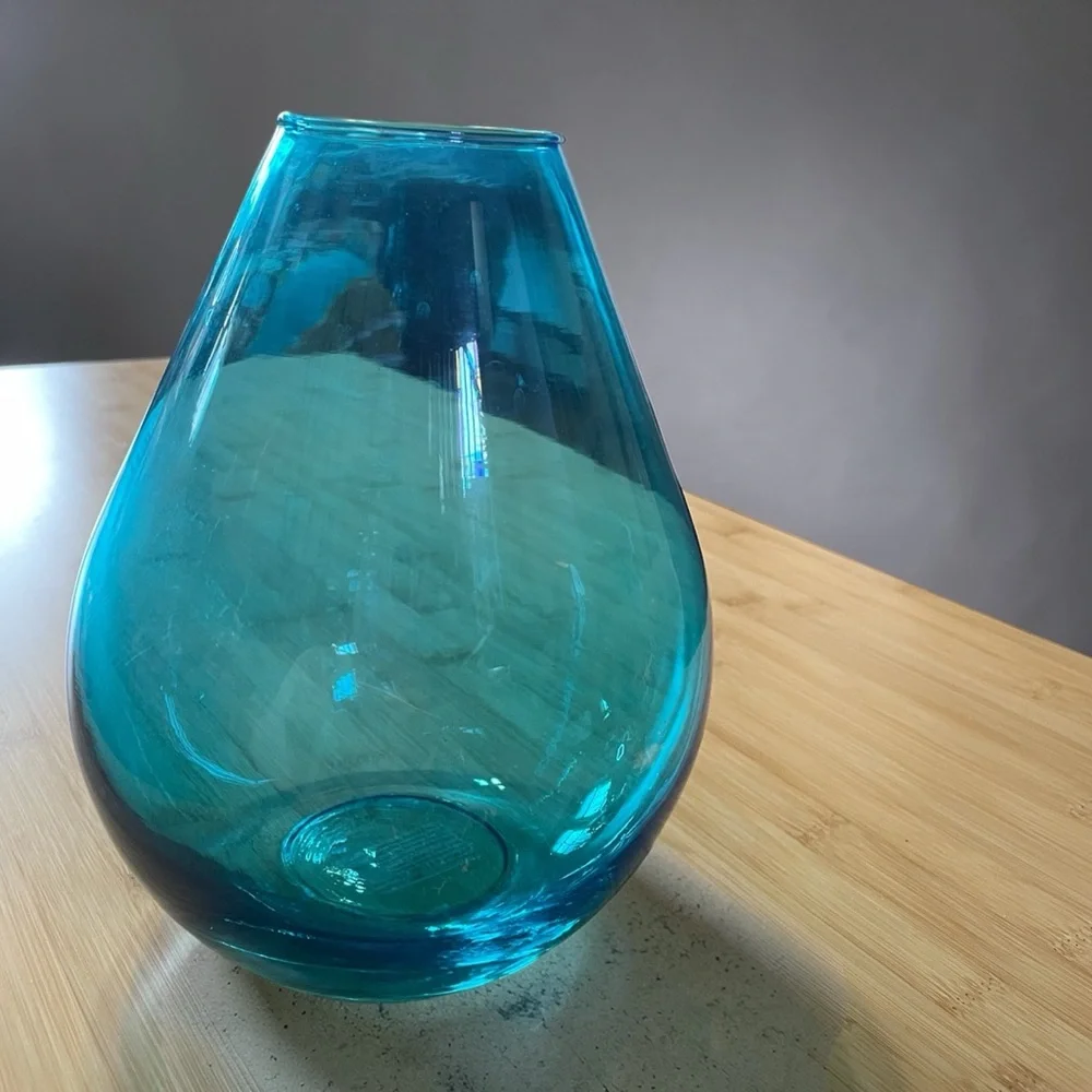 Large glass vase, aqua colored using hand applied cold paint process, made Spain